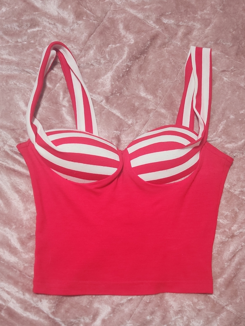 Vintage PinUp Girl Striped Bustier Crop Top in Red and White Built In Bra Cups